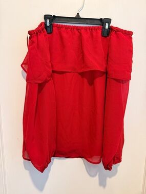 Off-Shoulder Red Chiffon Blouse with Sheer Long Sleeves